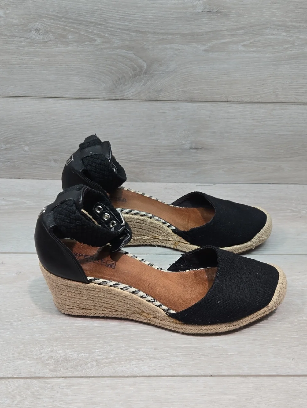 Sperry Women Black Espadrille Wedge Sandals Boho Hobo Shoes Sz 9.5M